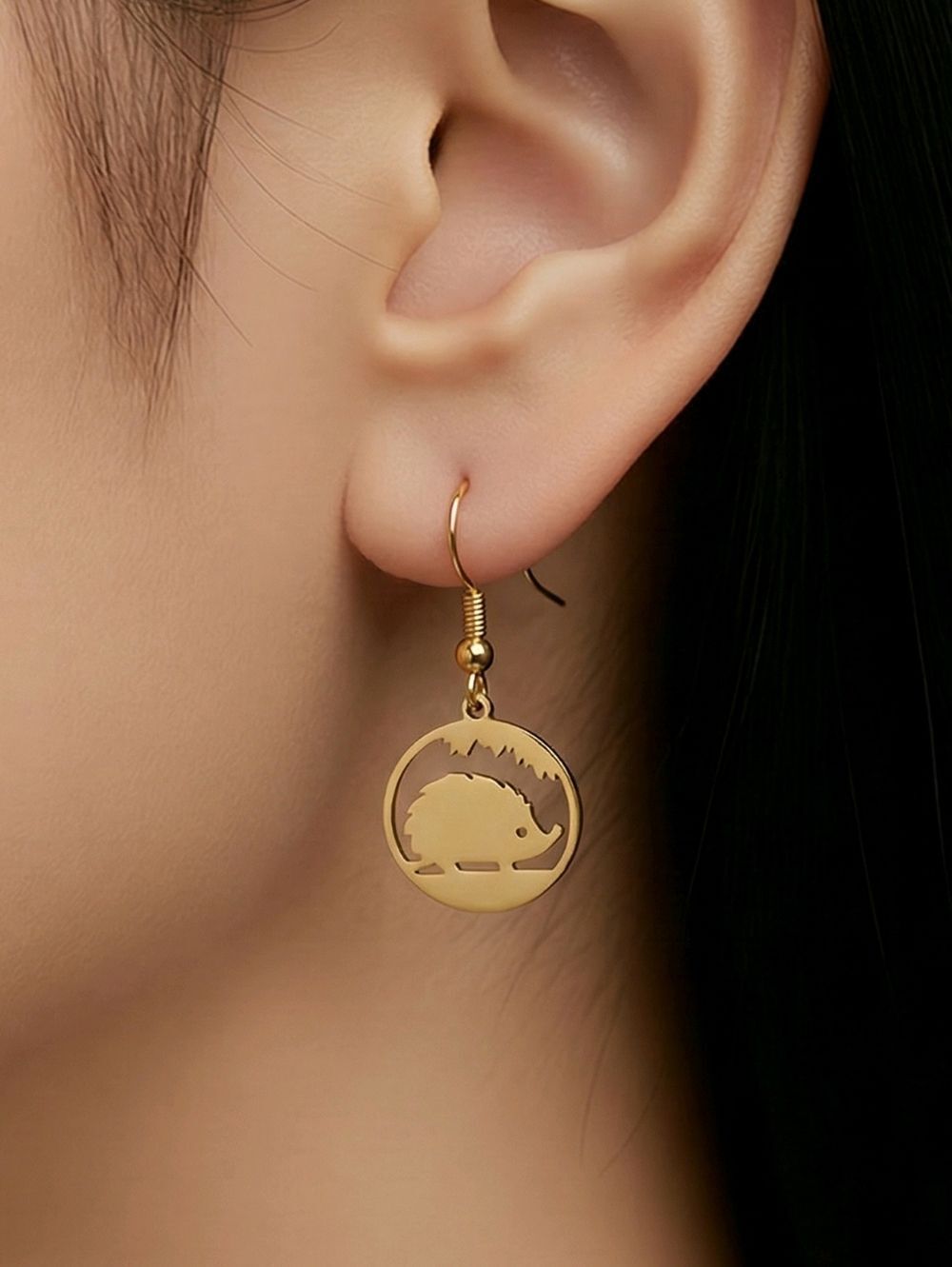 Gold Hedgehog Earrings Stainless Steel Cutout Dangle Cute Tiny Animal Jewelry